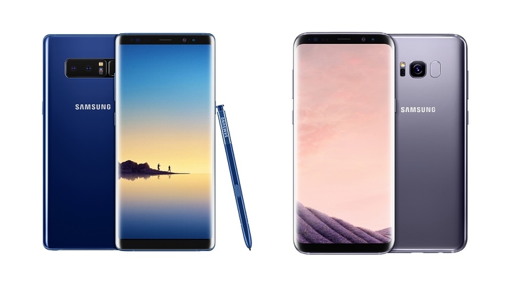 '갤럭시 노트8(왼쪽)'과 '갤럭시 S8' 제품 이미지.