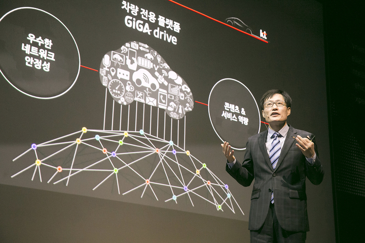 김준근 GiGA IoT 사업단장이 커넥티드카 사업 전략에 대해 발표하고 있는 모습. KT 제공.